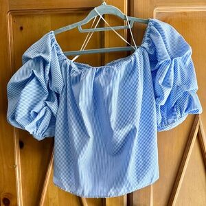 AQUA Bubble Sleeve Blue & White Striped Top (S)